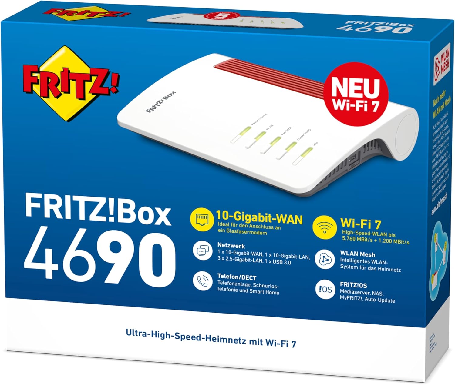 B-Ware (geprüft): Fritz!Box 4690 (Wi-Fi 7 Mesh Router, für den Kabel-, DSL- oder Glasfaseranschluss, bis zu 6.960 MBit/s, 1x 10-Gigabit-WAN, 1x 10-Gigabit-LAN, 3X 2,5-Gigabit-LAN, WLAN Mesh, deutschsprachige Version)