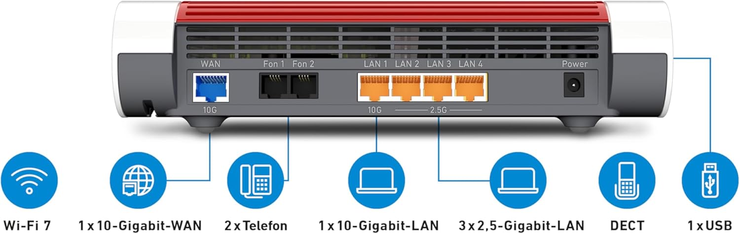 B-Ware (geprüft): Fritz!Box 4690 (Wi-Fi 7 Mesh Router, für den Kabel-, DSL- oder Glasfaseranschluss, bis zu 6.960 MBit/s, 1x 10-Gigabit-WAN, 1x 10-Gigabit-LAN, 3X 2,5-Gigabit-LAN, WLAN Mesh, deutschsprachige Version)