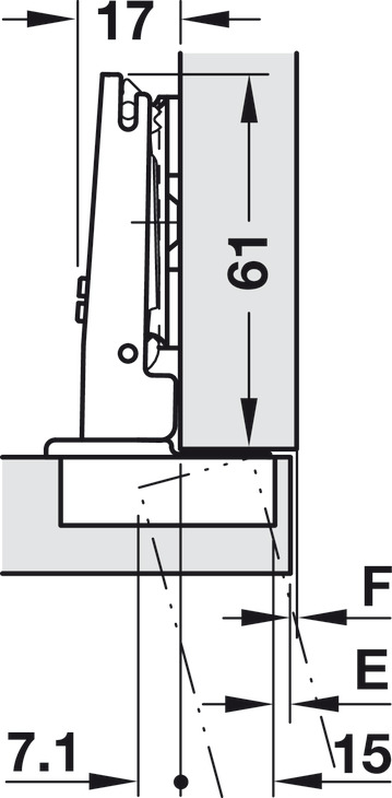 B-Ware (geprüft): Topfscharnier, Häfele Metalla 510 A/SM 110°, Eckanschlag  für Holztüren, für Standardanwendungen, Topfbefestigung: zum Schrauben, Bohrbild: 48/6 mm, (Vom Umtausch ausgeschlossen)